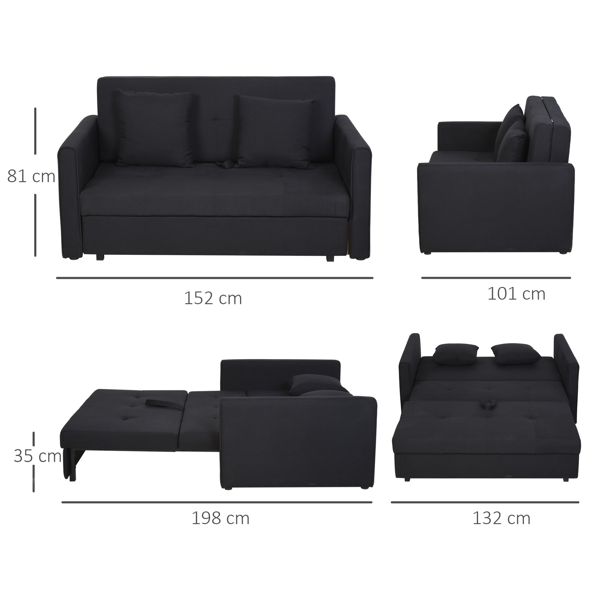2-Seater Sofa Bed Upholstered in Cotton with 2 Detachable Cushions Armrests and Storage Base Modern Double Sofa for Living Room Office 152x101x81 cm Charcoal Gray
