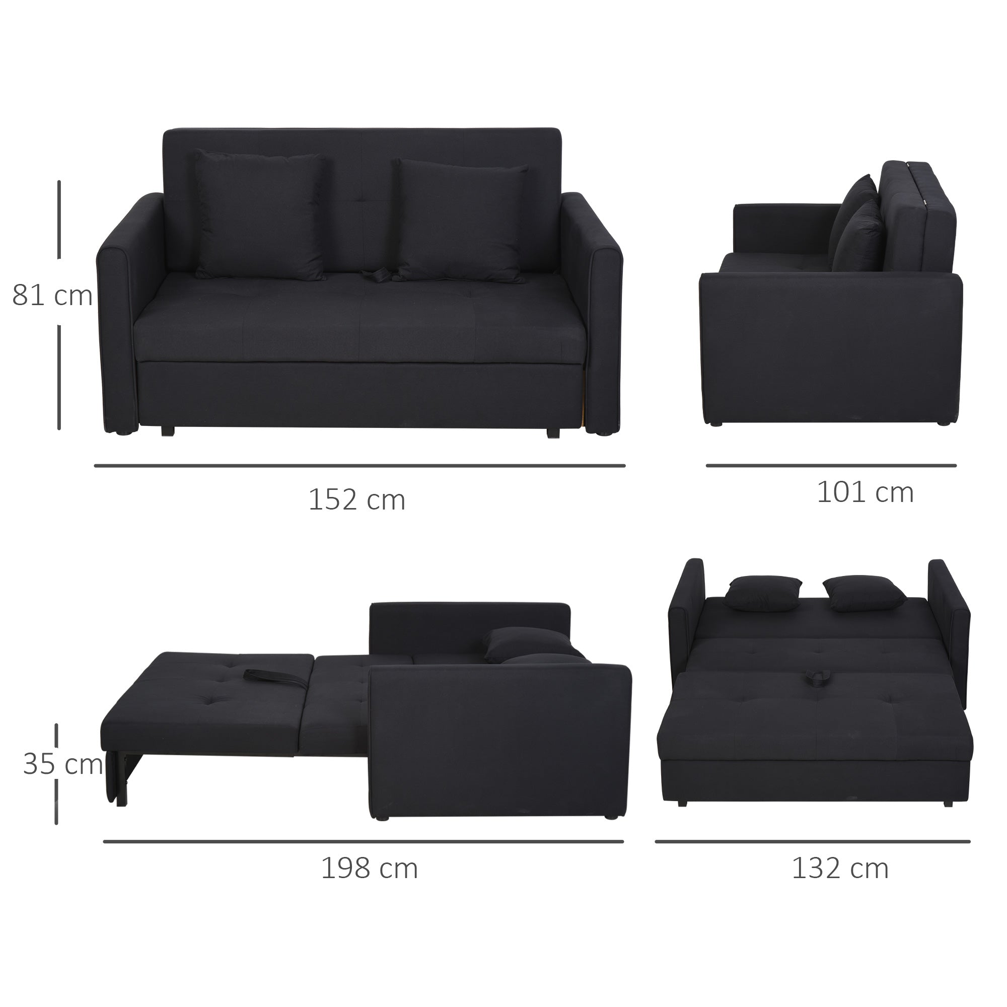 2-Seater Sofa Bed Upholstered in Cotton with 2 Detachable Cushions Armrests and Storage Base Modern Double Sofa for Living Room Office 152x101x81 cm Charcoal Gray