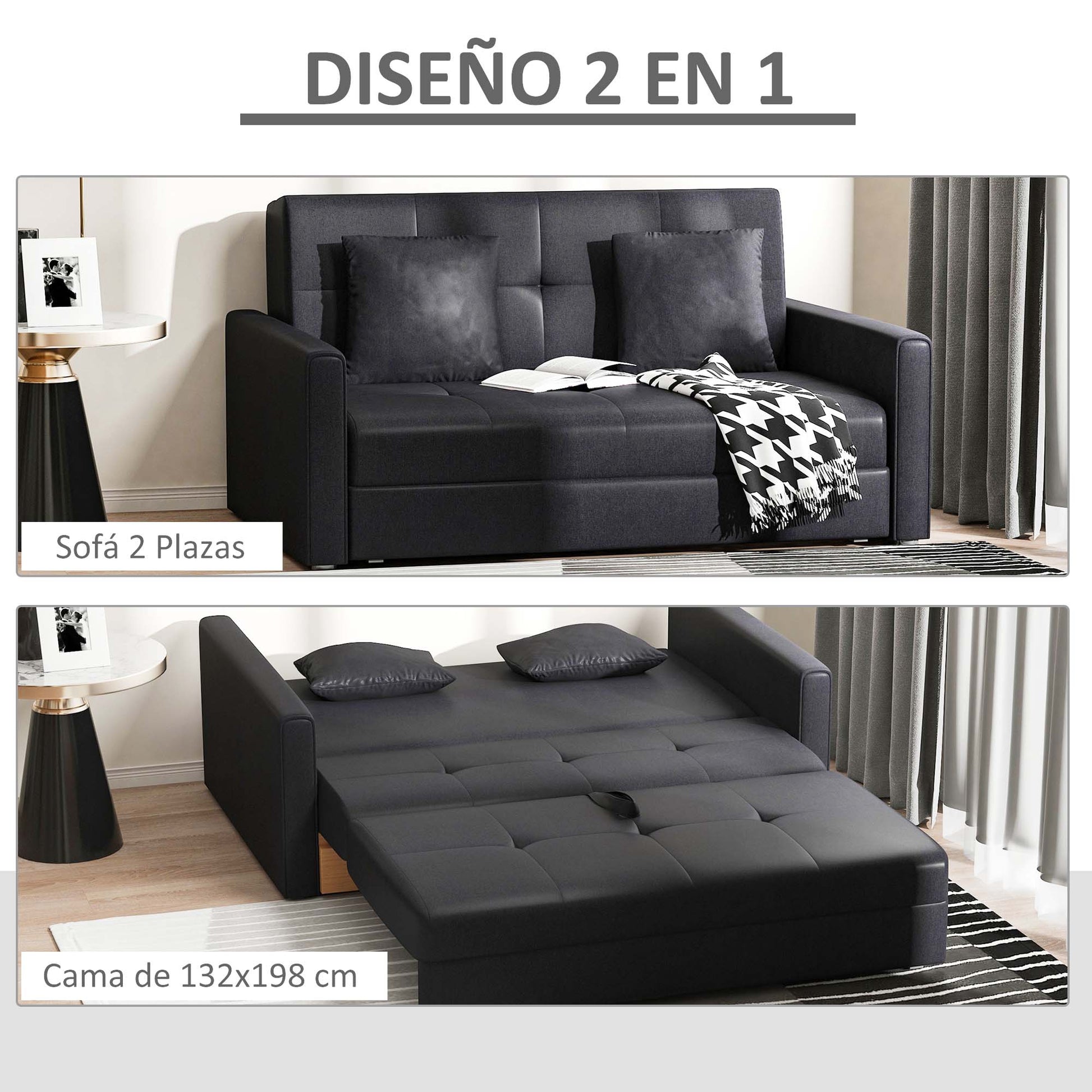 2-Seater Sofa Bed Upholstered in Cotton with 2 Detachable Cushions Armrests and Storage Base Modern Double Sofa for Living Room Office 152x101x81 cm Charcoal Gray