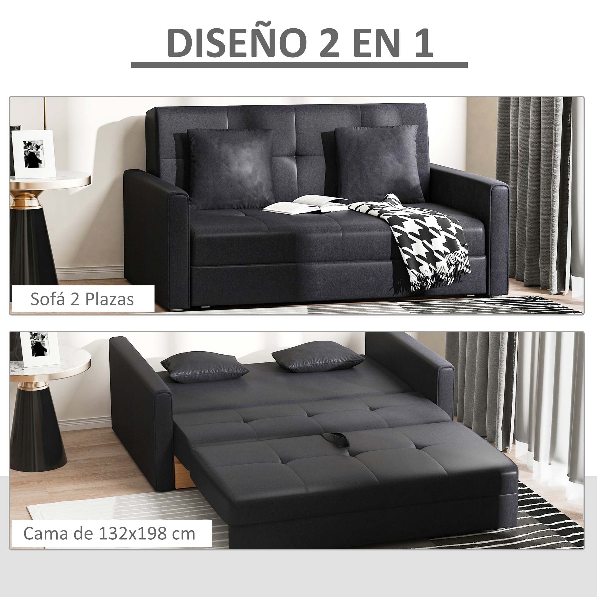 2-Seater Sofa Bed Upholstered in Cotton with 2 Detachable Cushions Armrests and Storage Base Modern Double Sofa for Living Room Office 152x101x81 cm Charcoal Gray