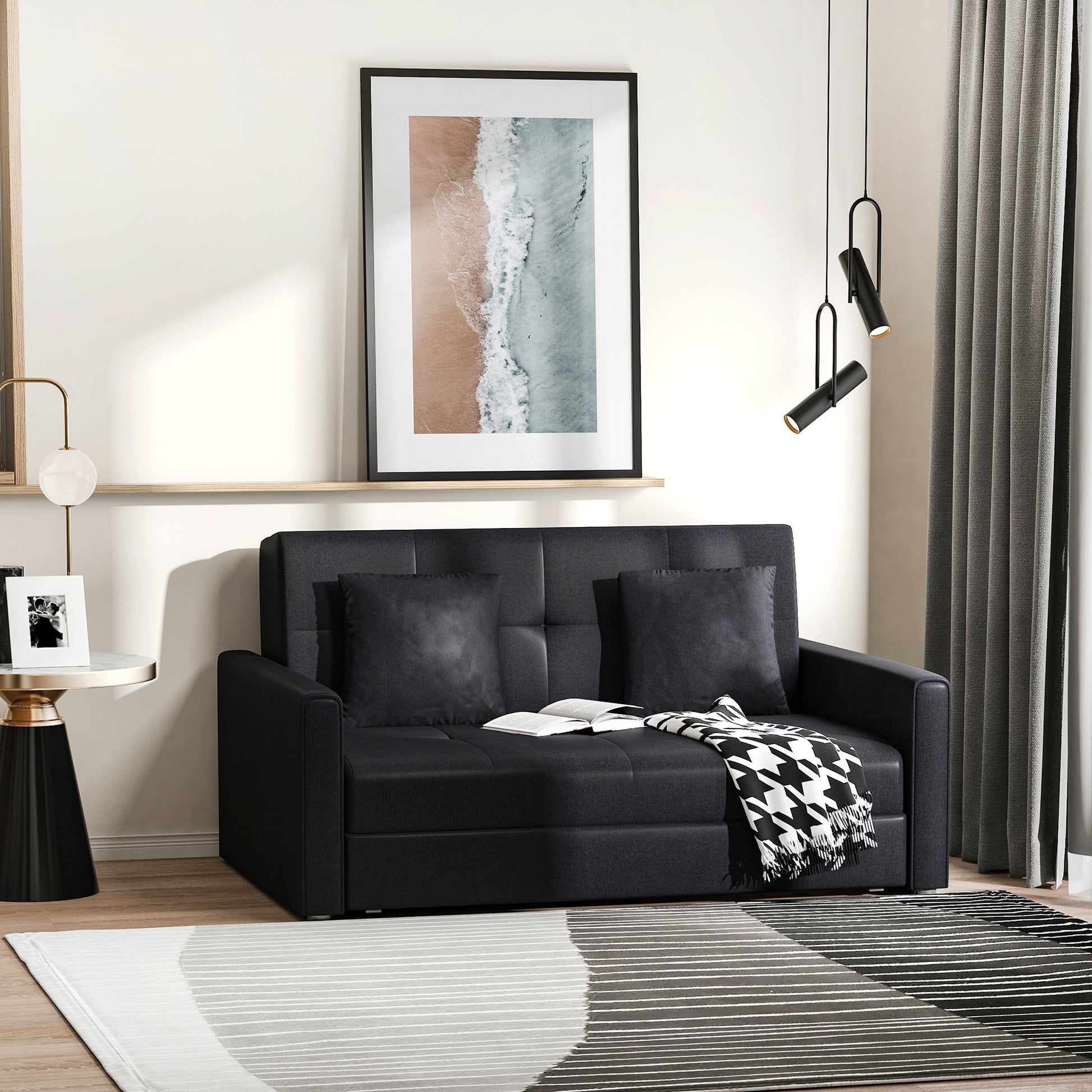 2-Seater Sofa Bed Upholstered in Cotton with 2 Detachable Cushions Armrests and Storage Base Modern Double Sofa for Living Room Office 152x101x81 cm Charcoal Gray