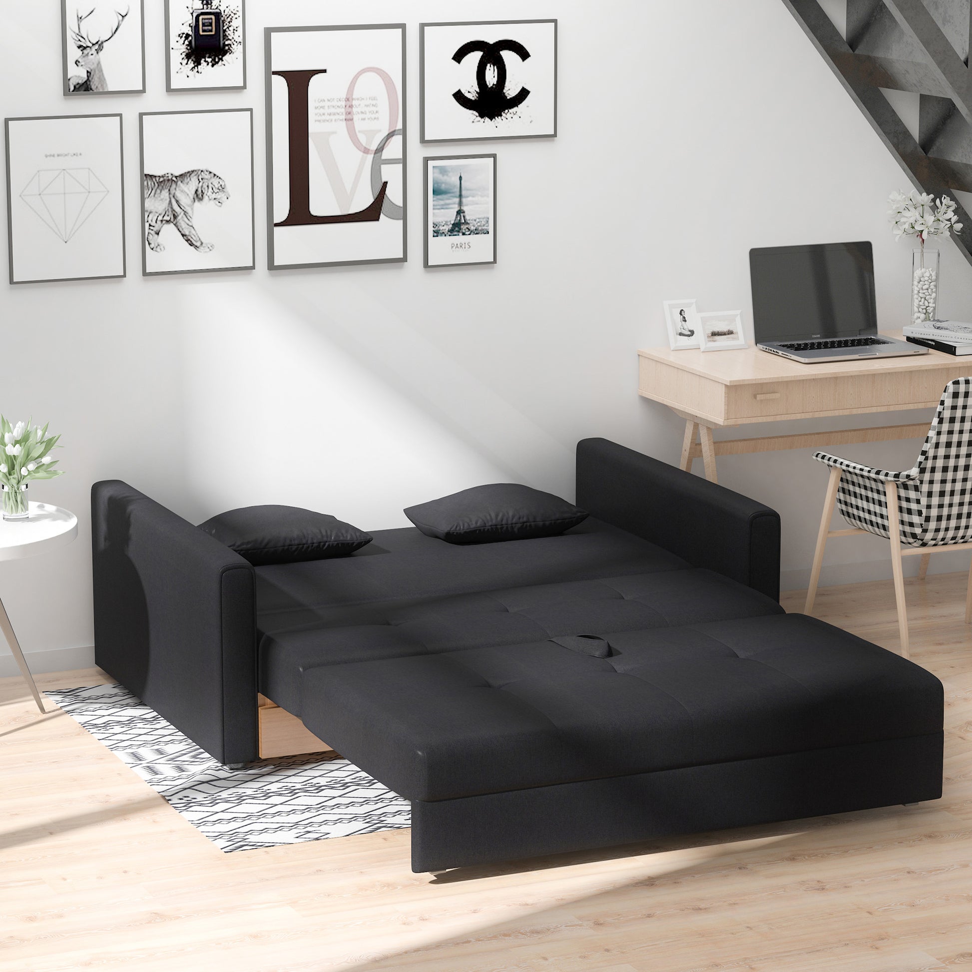2-Seater Sofa Bed Upholstered in Cotton with 2 Detachable Cushions Armrests and Storage Base Modern Double Sofa for Living Room Office 152x101x81 cm Charcoal Gray