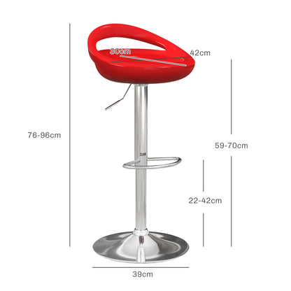 Set of 2 High Bar Stools, 360° Swivel Stools, with Backrest and Footrest, Adjustable Height, Steel Base, for Dining Room and Kitchen, 46x41x76-96cm, Red