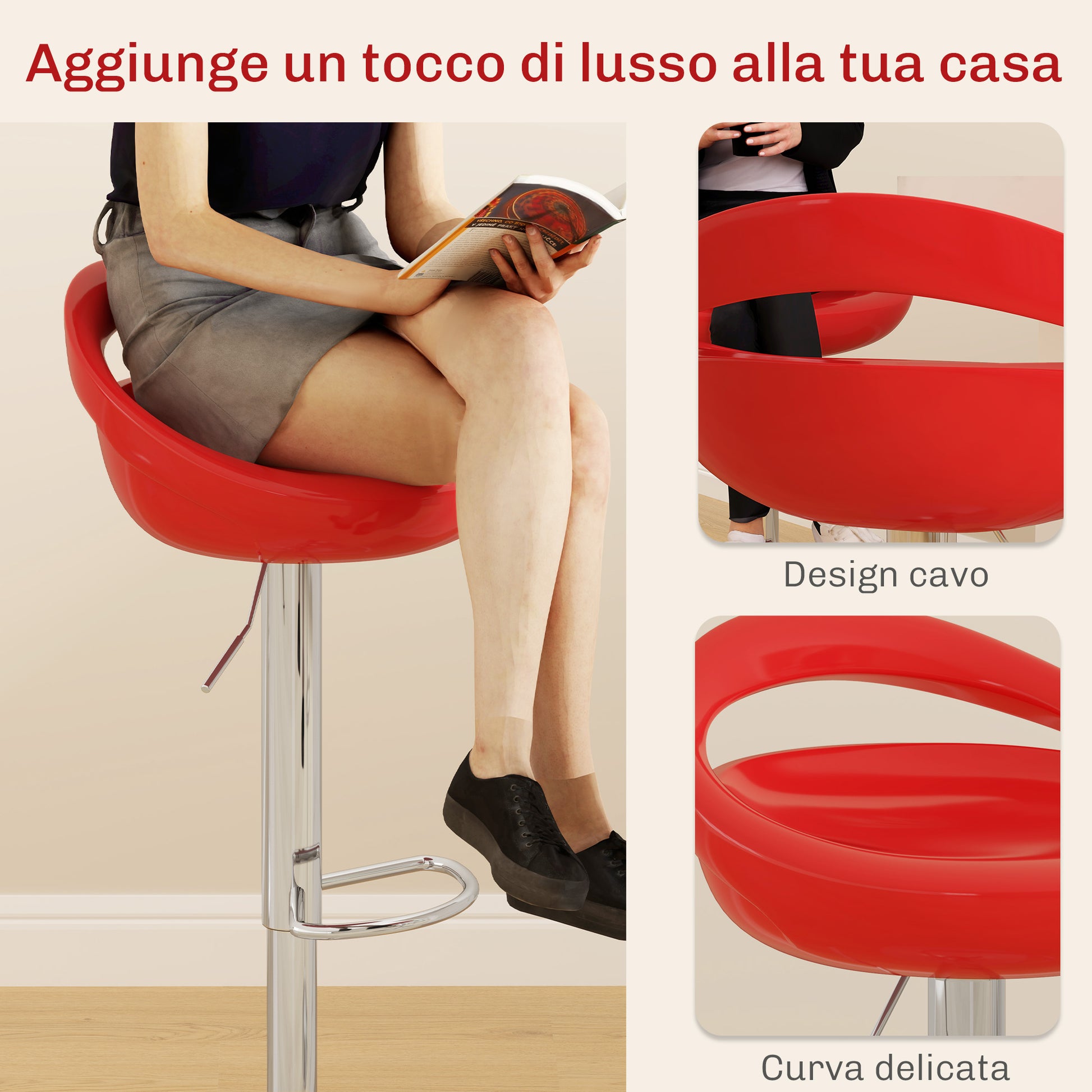 Set of 2 High Bar Stools, 360° Swivel Stools, with Backrest and Footrest, Adjustable Height, Steel Base, for Dining Room and Kitchen, 46x41x76-96cm, Red