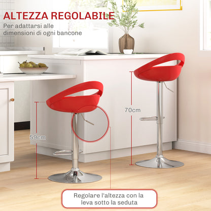 Set of 2 High Bar Stools, 360° Swivel Stools, with Backrest and Footrest, Adjustable Height, Steel Base, for Dining Room and Kitchen, 46x41x76-96cm, Red