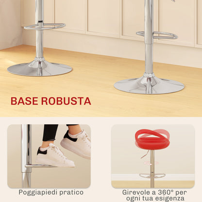 Set of 2 High Bar Stools, 360° Swivel Stools, with Backrest and Footrest, Adjustable Height, Steel Base, for Dining Room and Kitchen, 46x41x76-96cm, Red