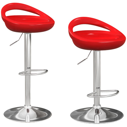 Set of 2 High Bar Stools, 360° Swivel Stools, with Backrest and Footrest, Adjustable Height, Steel Base, for Dining Room and Kitchen, 46x41x76-96cm, Red