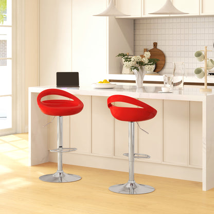 Set of 2 High Bar Stools, 360° Swivel Stools, with Backrest and Footrest, Adjustable Height, Steel Base, for Dining Room and Kitchen, 46x41x76-96cm, Red