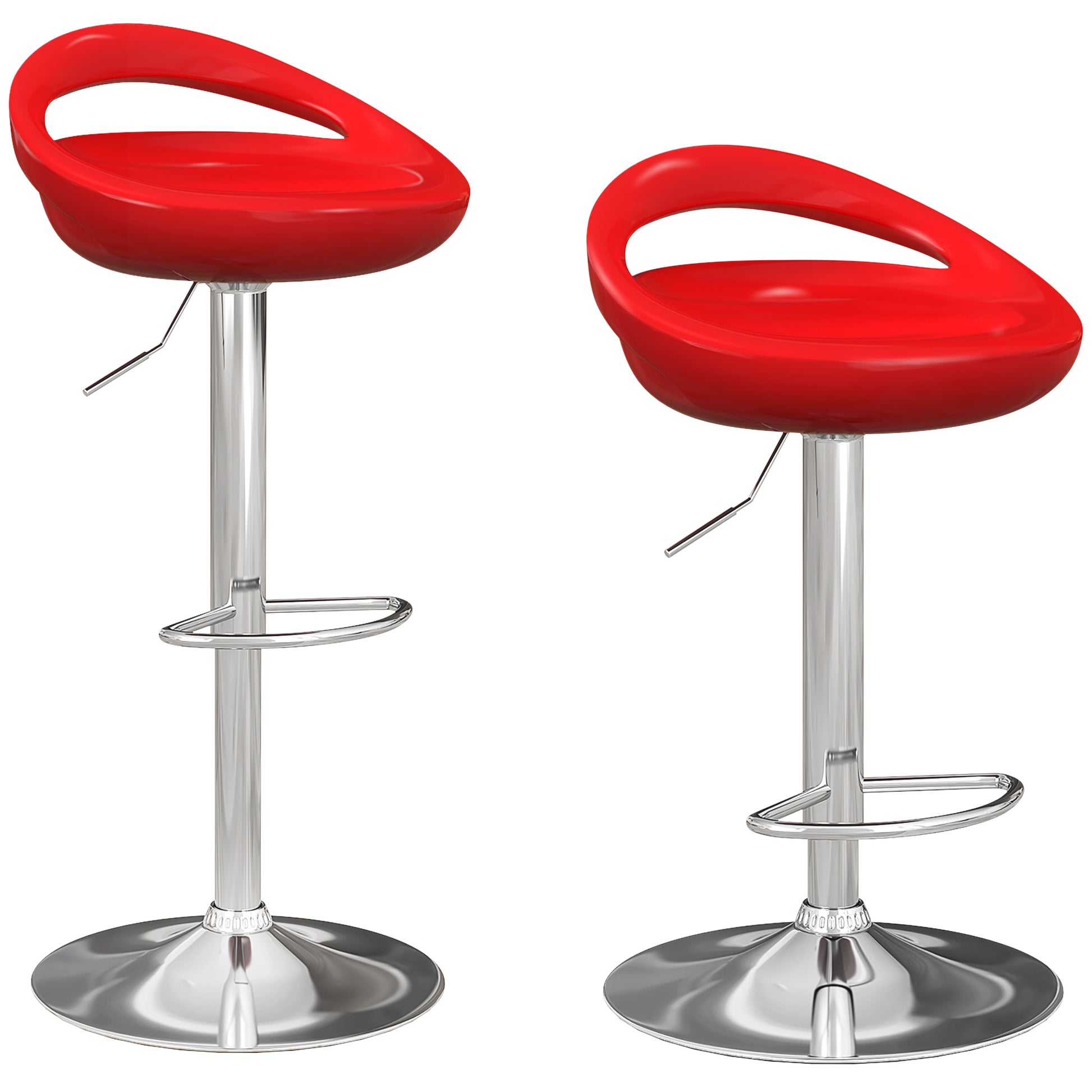 Set of 2 High Bar Stools, 360° Swivel Stools, with Backrest and Footrest, Adjustable Height, Steel Base, for Dining Room and Kitchen, 46x41x76-96cm, Red