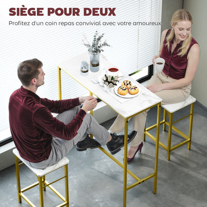 Rectangular High Bar Table with Marble Effect Top and Steel Frame, for Dining Room and Kitchen, 100 x 40 x 107 cm, Gold