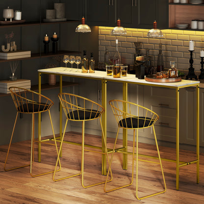Rectangular High Bar Table with Marble Effect Top and Steel Frame, for Dining Room and Kitchen, 100 x 40 x 107 cm, Gold