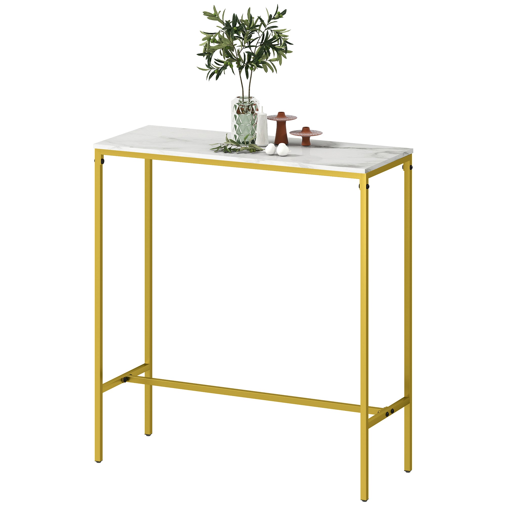 Rectangular High Bar Table with Marble Effect Top and Steel Frame, for Dining Room and Kitchen, 100 x 40 x 107 cm, Gold