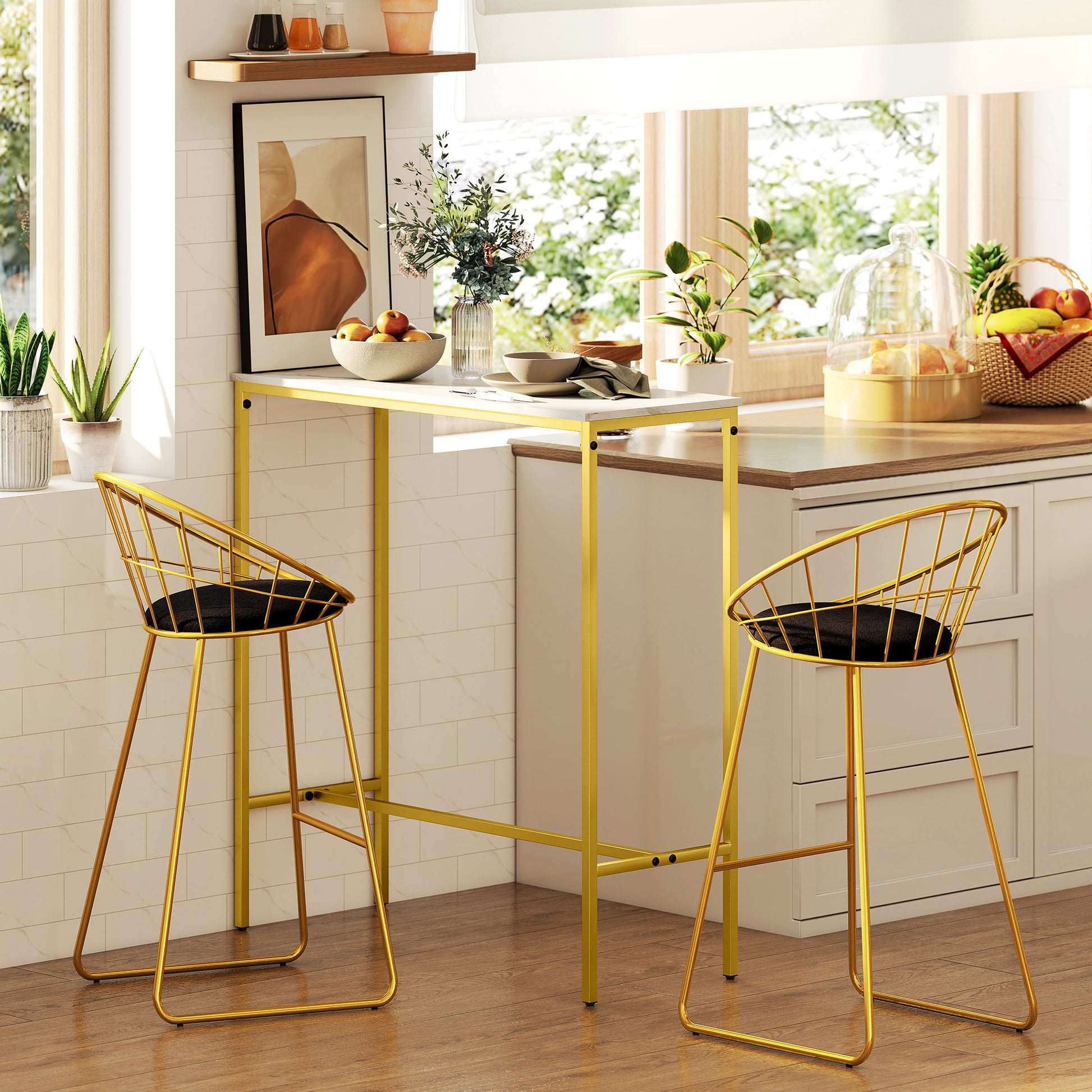 Rectangular High Bar Table with Marble Effect Top and Steel Frame, for Dining Room and Kitchen, 100 x 40 x 107 cm, Gold