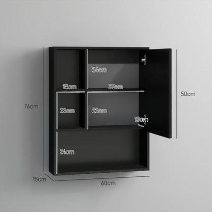 Bathroom Mirror Cabinet with Adjustable Shelves, Wall Mounted Bathroom Cabinet with Space-Saving Door, 60x15x76 cm, Black