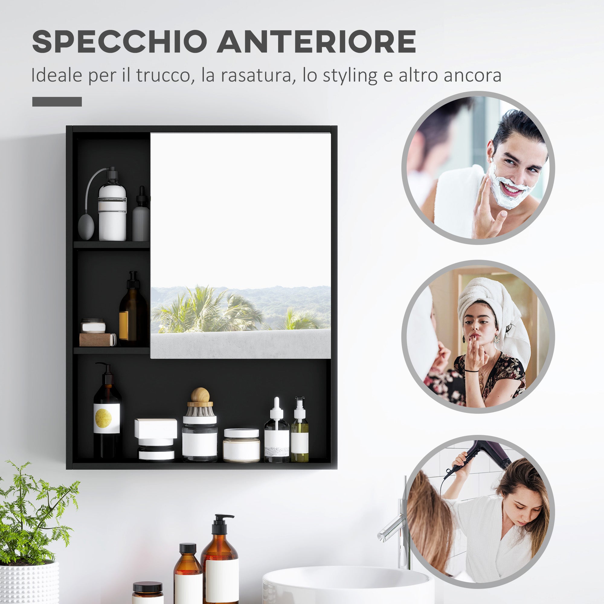 Bathroom Mirror Cabinet with Adjustable Shelves, Wall Mounted Bathroom Cabinet with Space-Saving Door, 60x15x76 cm, Black