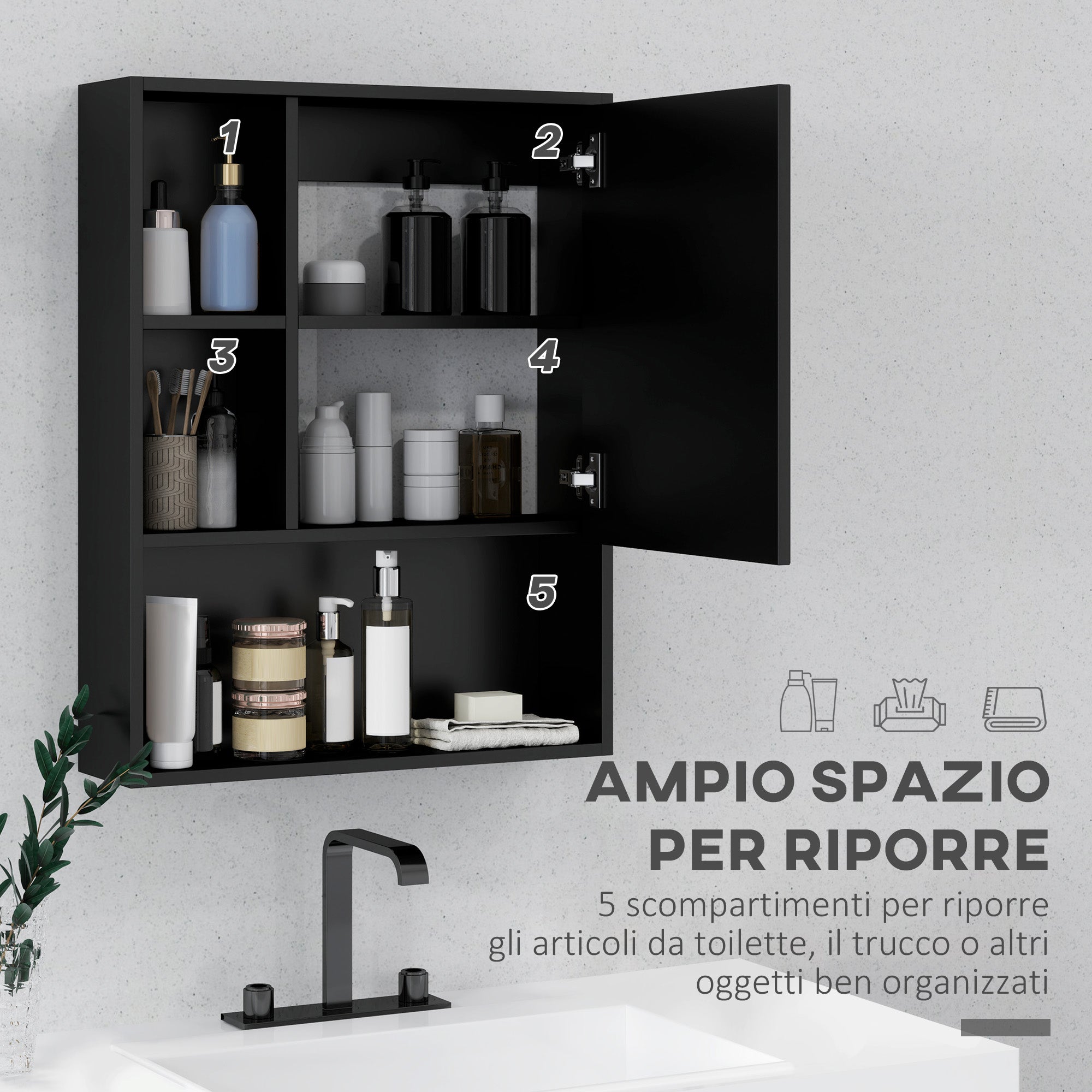 Bathroom Mirror Cabinet with Adjustable Shelves, Wall Mounted Bathroom Cabinet with Space-Saving Door, 60x15x76 cm, Black