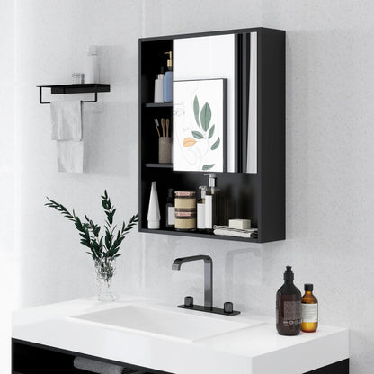 Bathroom Mirror Cabinet with Adjustable Shelves, Wall Mounted Bathroom Cabinet with Space-Saving Door, 60x15x76 cm, Black