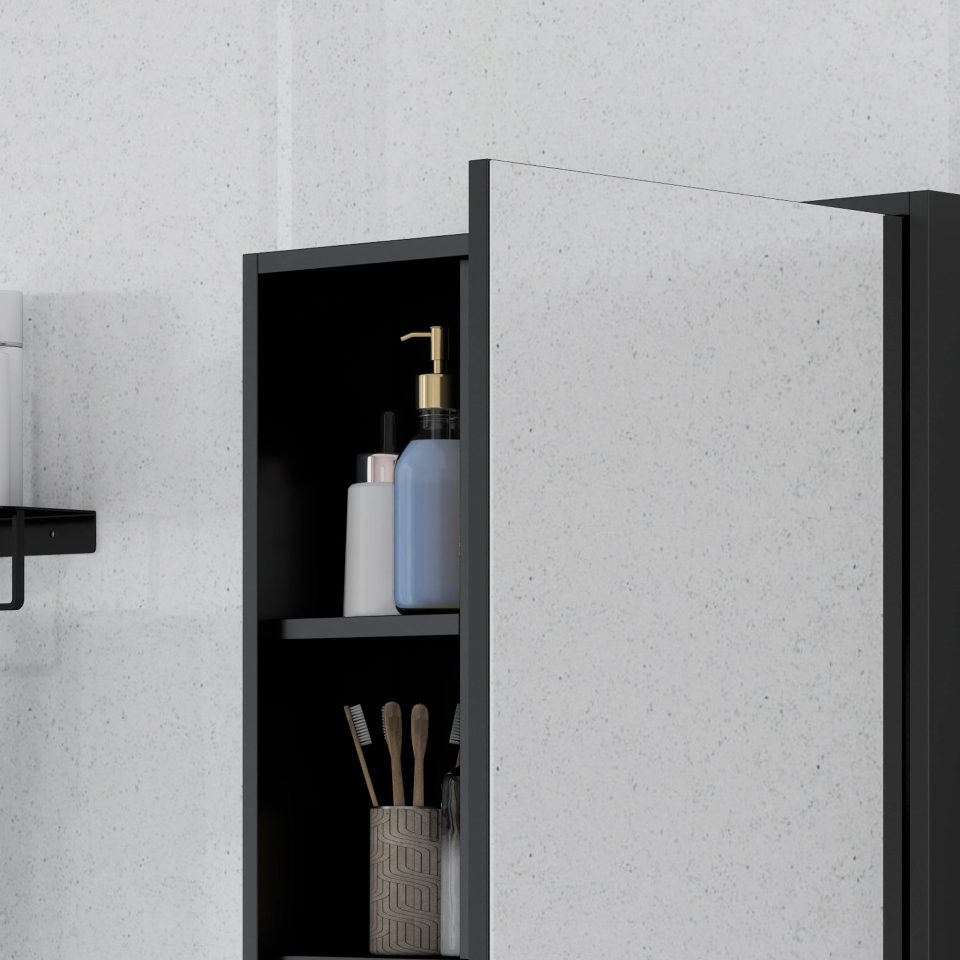 Bathroom Mirror Cabinet with Adjustable Shelves, Wall Mounted Bathroom Cabinet with Space-Saving Door, 60x15x76 cm, Black