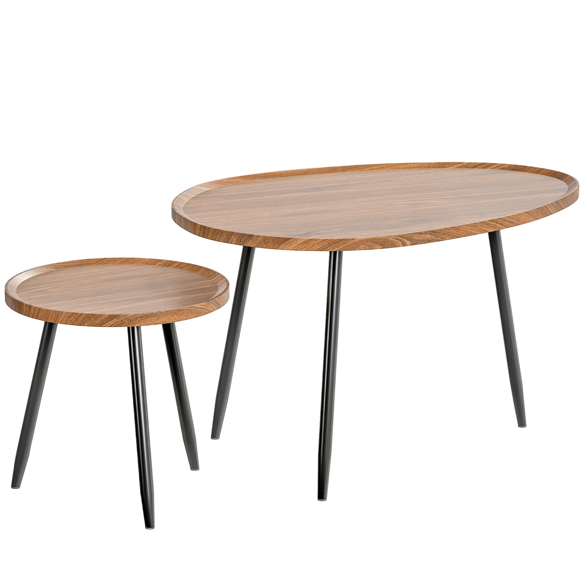 Set of 2 Stackable Side Tables Nesting Coffee Tables Modern Style with Metal Frame for Living Room Bedroom Office 80x55x49 cm and Ø40x39 cm Wood Effect and Black