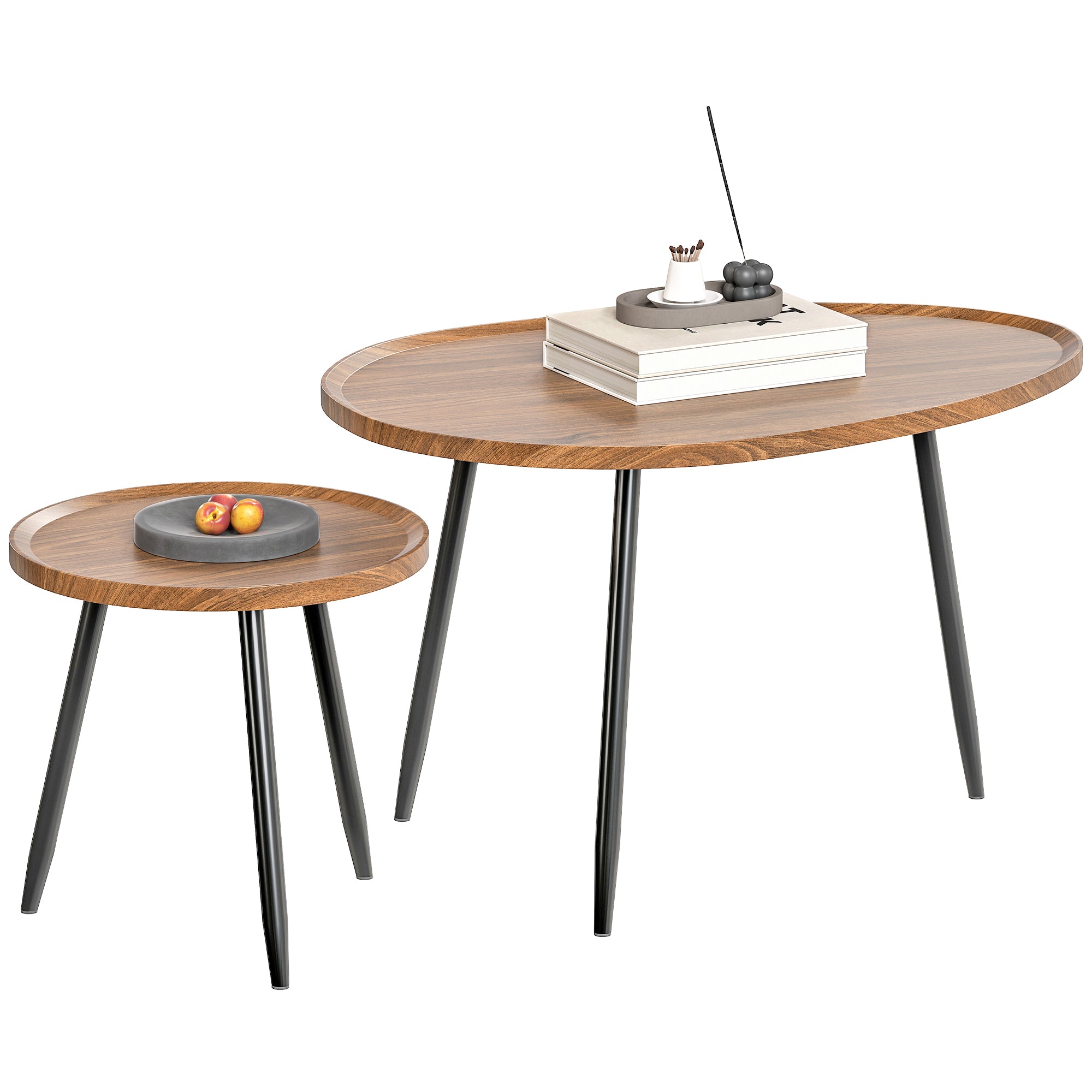 Set of 2 Stackable Side Tables Nesting Coffee Tables Modern Style with Metal Frame for Living Room Bedroom Office 80x55x49 cm and Ø40x39 cm Wood Effect and Black