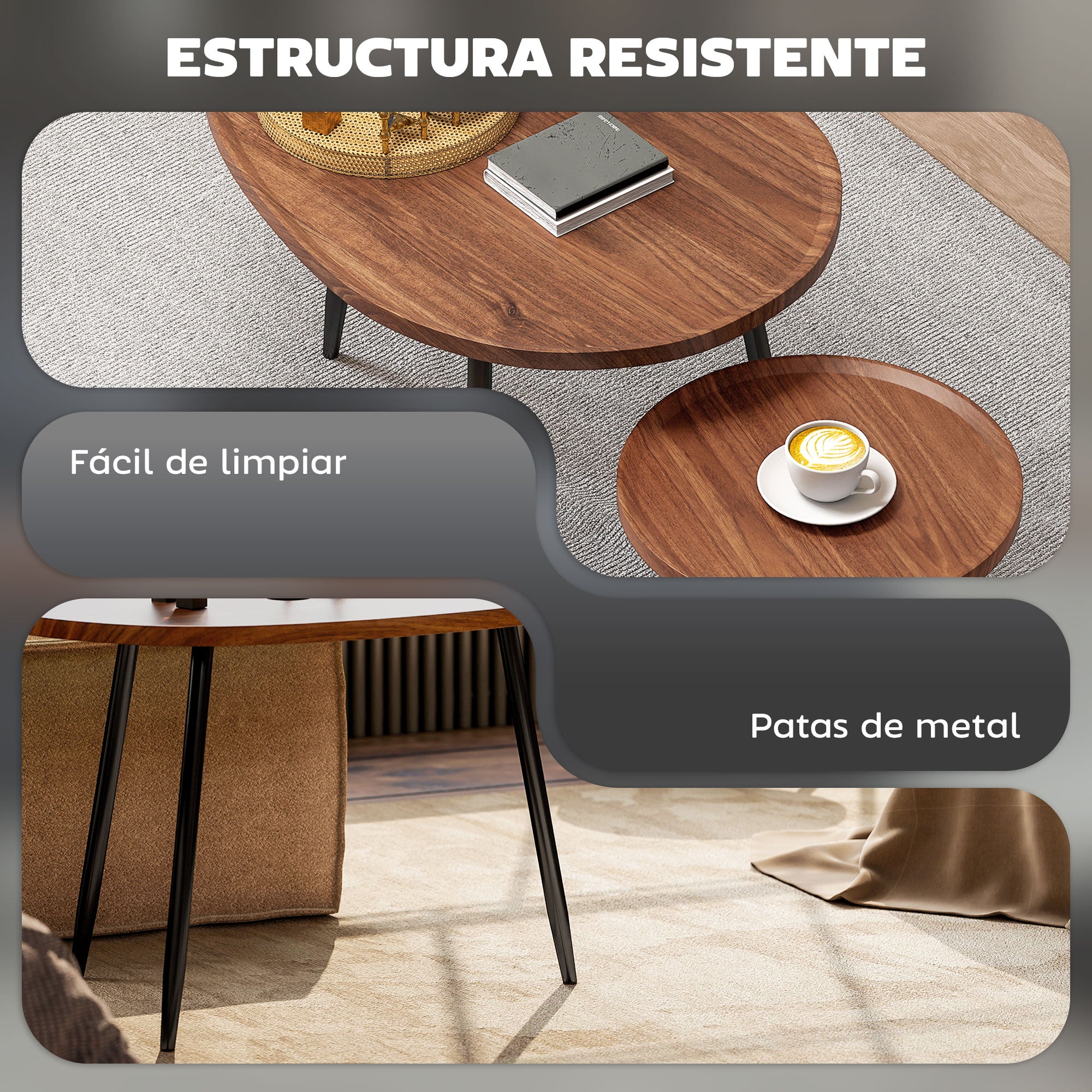 Set of 2 Stackable Side Tables Nesting Coffee Tables Modern Style with Metal Frame for Living Room Bedroom Office 80x55x49 cm and Ø40x39 cm Wood Effect and Black