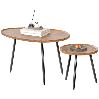 Set of 2 Stackable Side Tables Nesting Coffee Tables Modern Style with Metal Frame for Living Room Bedroom Office 80x55x49 cm and Ø40x39 cm Wood Effect and Black
