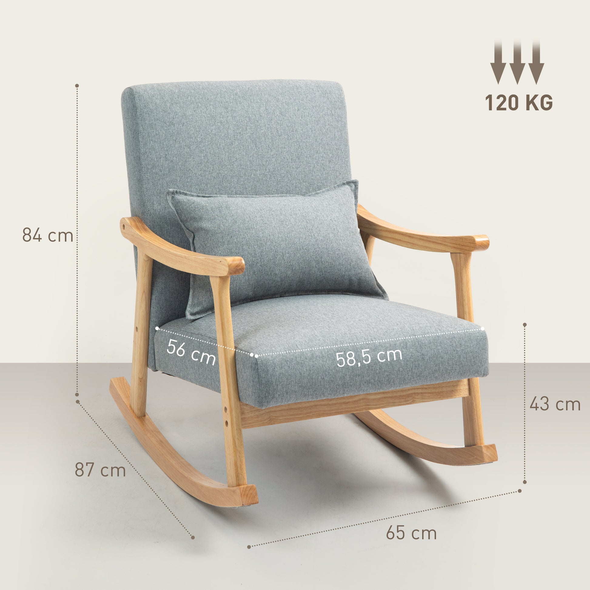 Modern Rocking Chair Nursing Rocking Chair with Lumbar Cushion Wide Backrest and Wooden Base Load 120 kg Relax Armchair for Living Room Bedroom Light Grey