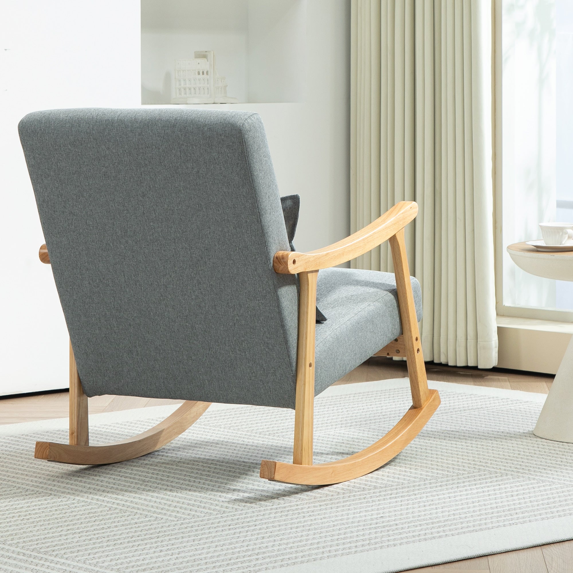 Modern Rocking Chair Nursing Rocking Chair with Lumbar Cushion Wide Backrest and Wooden Base Load 120 kg Relax Armchair for Living Room Bedroom Light Grey