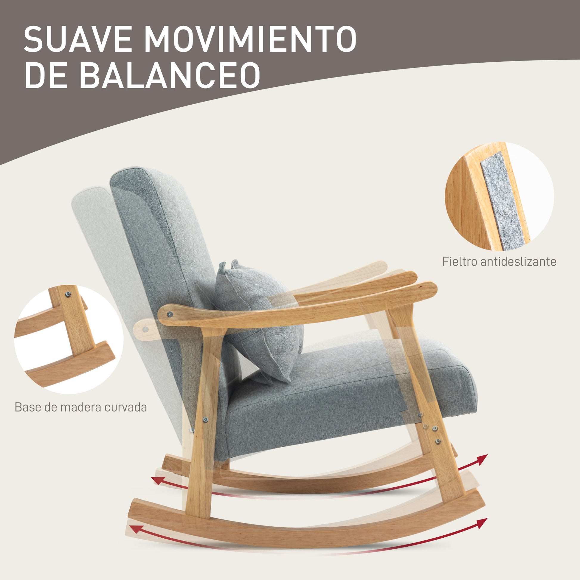 Modern Rocking Chair Nursing Rocking Chair with Lumbar Cushion Wide Backrest and Wooden Base Load 120 kg Relax Armchair for Living Room Bedroom Light Grey