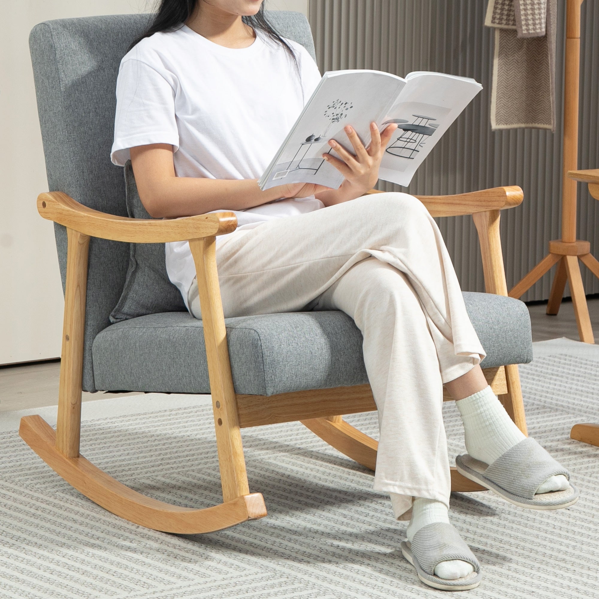 Modern Rocking Chair Nursing Rocking Chair with Lumbar Cushion Wide Backrest and Wooden Base Load 120 kg Relax Armchair for Living Room Bedroom Light Grey