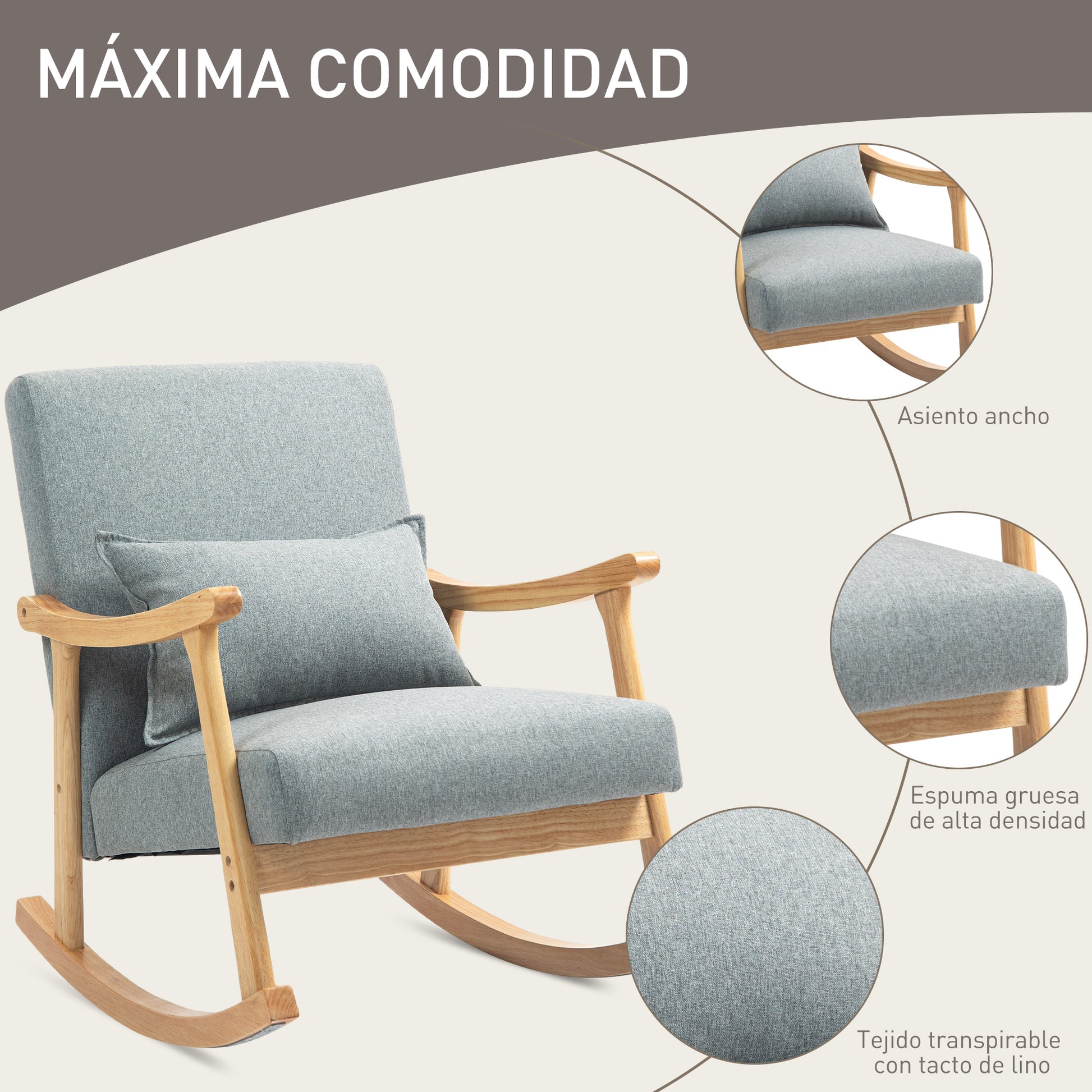 Modern Rocking Chair Nursing Rocking Chair with Lumbar Cushion Wide Backrest and Wooden Base Load 120 kg Relax Armchair for Living Room Bedroom Light Grey