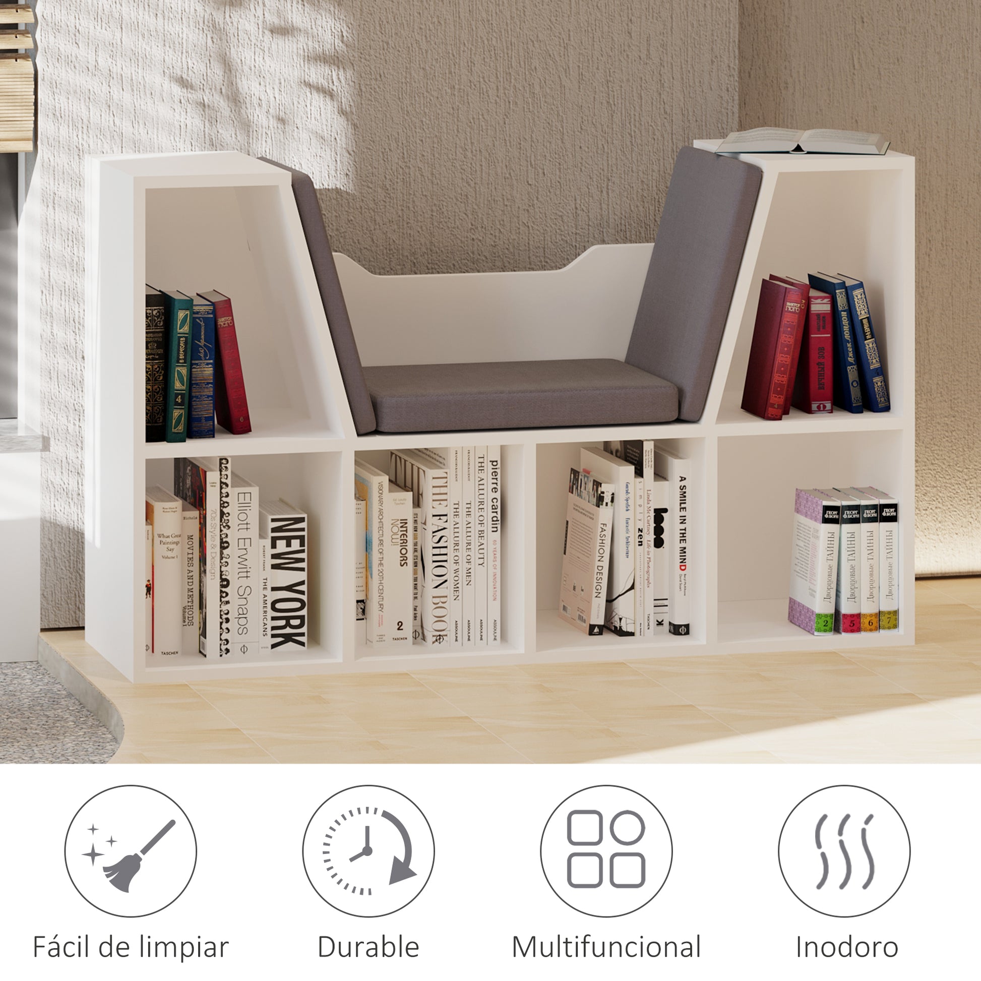 Bookcase with Seat 6 Cube Original Children's Bookcase Shoe Rack with Cushion Shelf with Bench Multi-Purpose 102x30x61cm