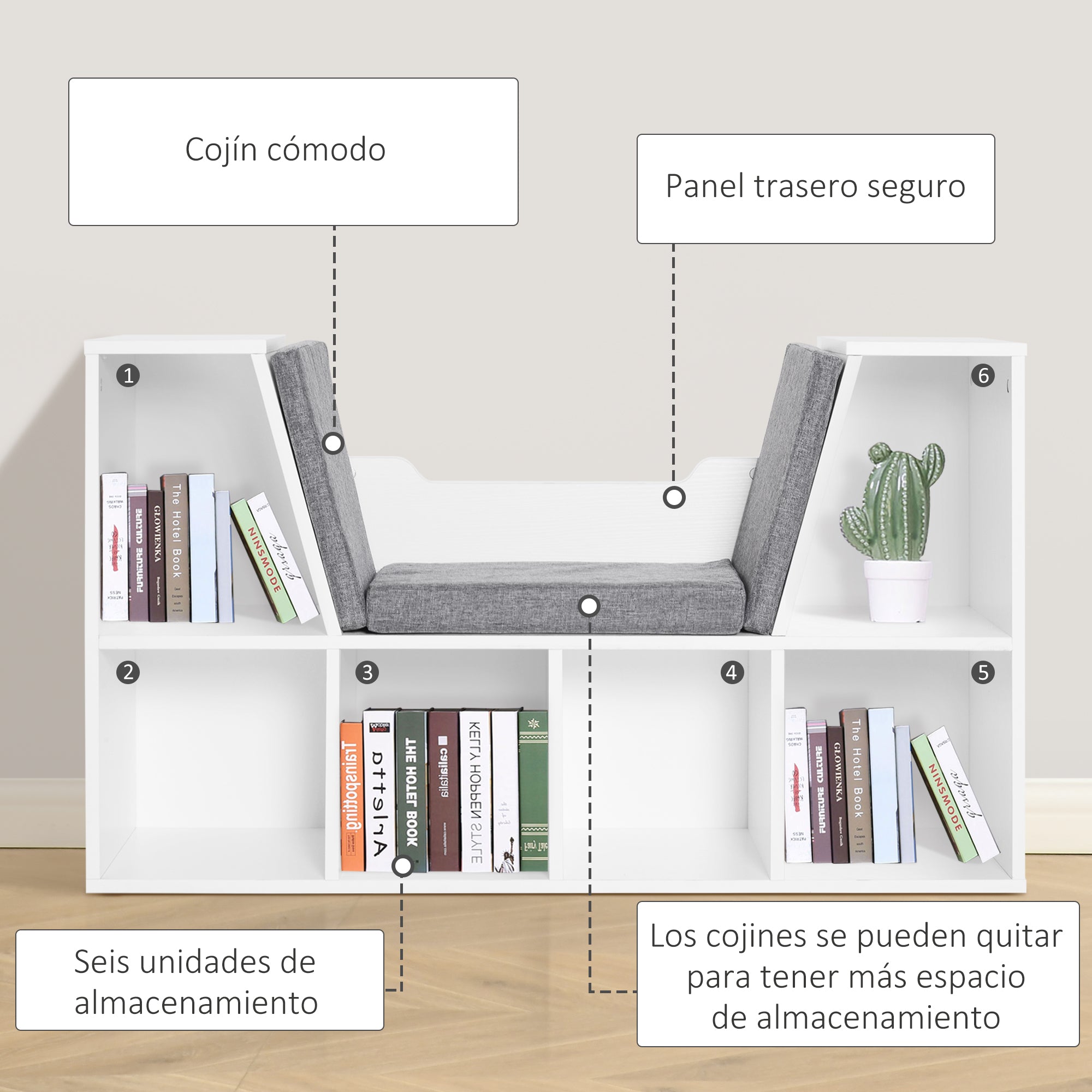 Bookcase with Seat 6 Cube Original Children's Bookcase Shoe Rack with Cushion Shelf with Bench Multi-Purpose 102x30x61cm