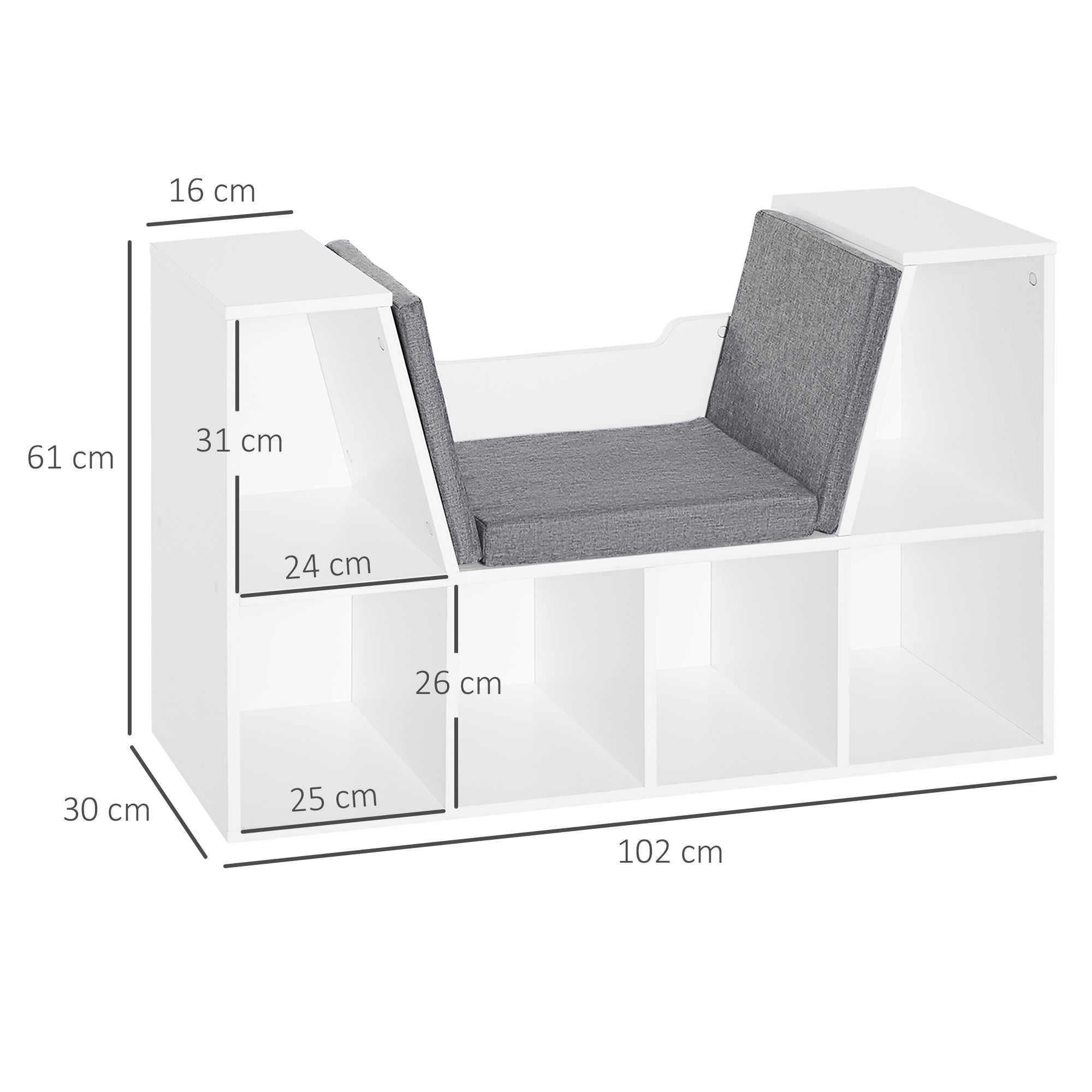 Bookcase with Seat 6 Cube Original Children's Bookcase Shoe Rack with Cushion Shelf with Bench Multi-Purpose 102x30x61cm