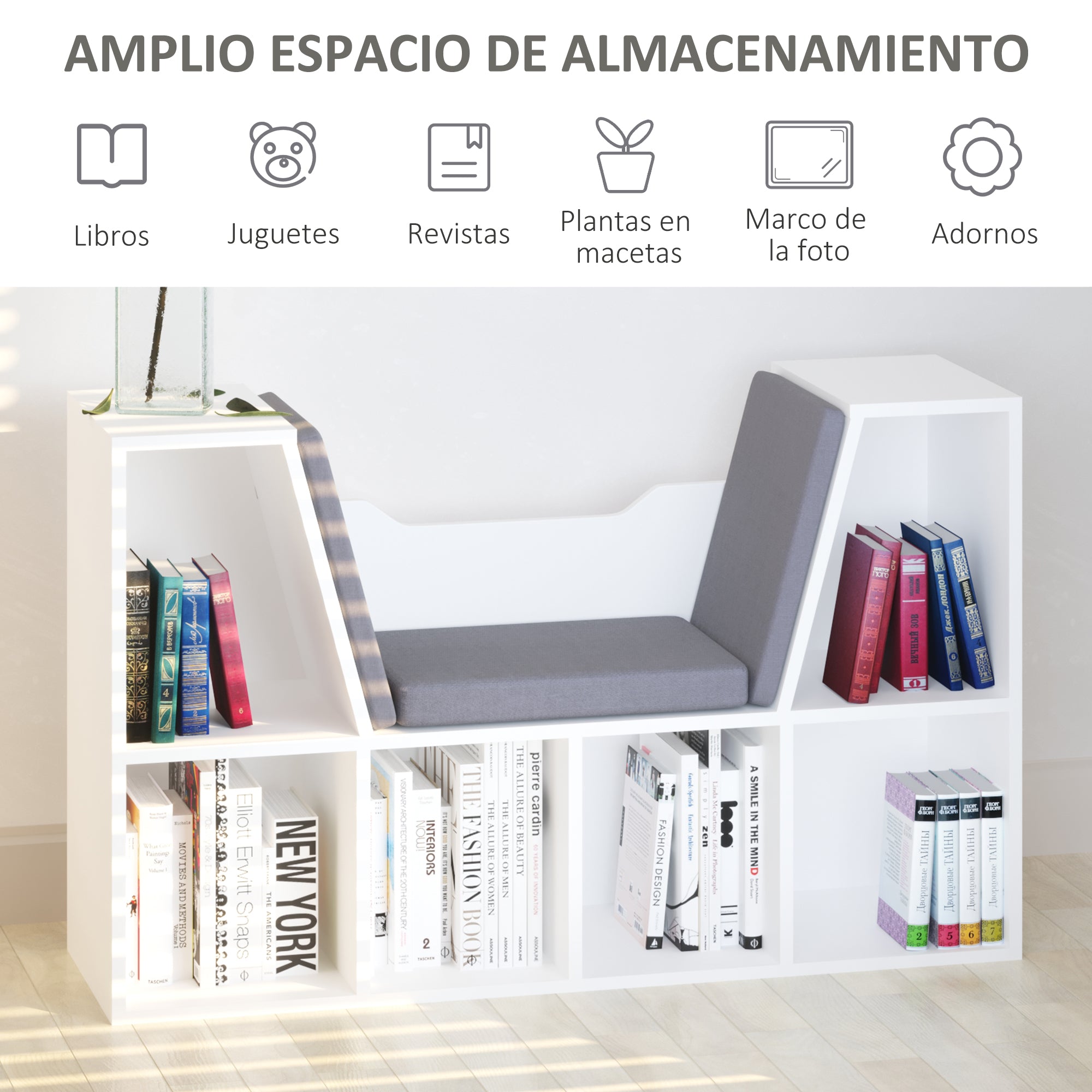 Bookcase with Seat 6 Cube Original Children's Bookcase Shoe Rack with Cushion Shelf with Bench Multi-Purpose 102x30x61cm