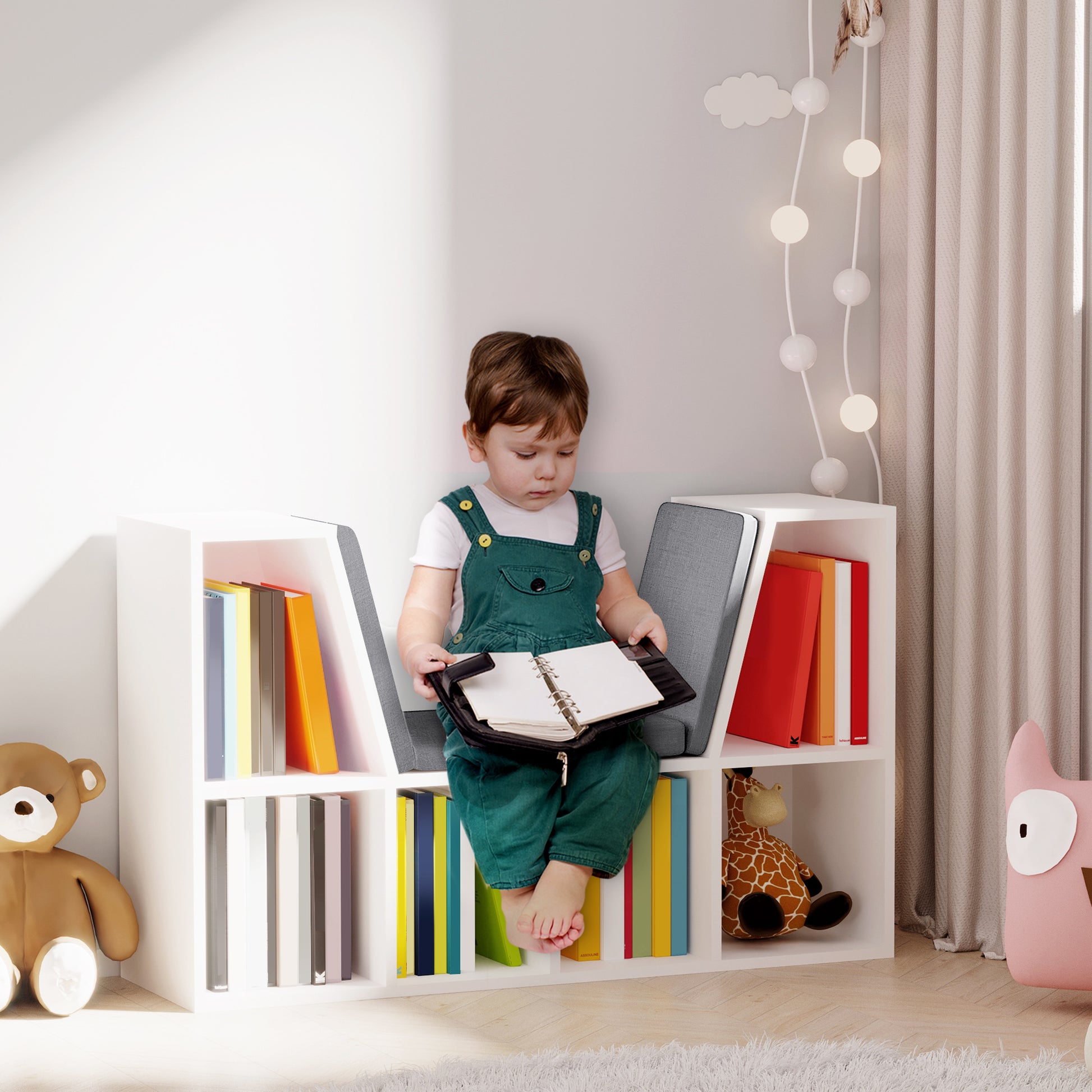 Bookcase with Seat 6 Cube Original Children's Bookcase Shoe Rack with Cushion Shelf with Bench Multi-Purpose 102x30x61cm