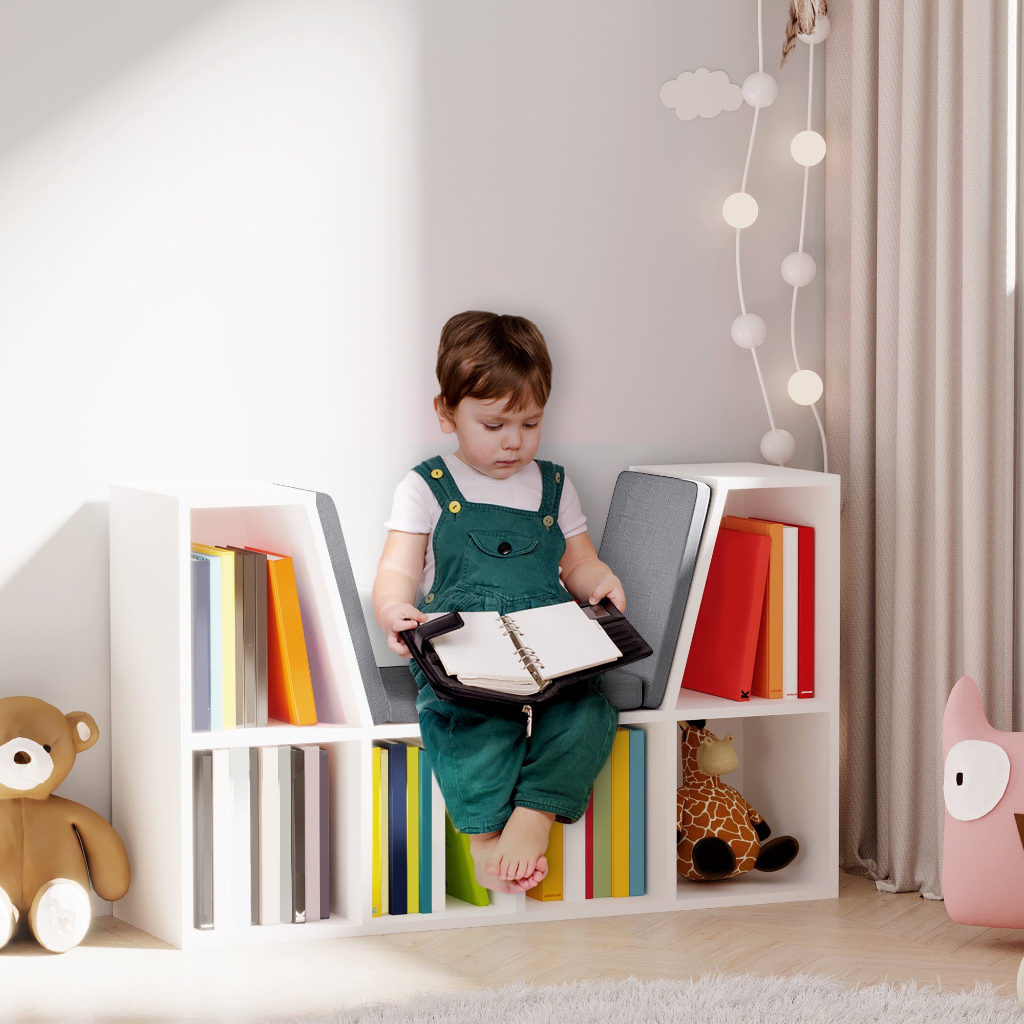 Bookcase with Seat 6 Cube Original Children's Bookcase Shoe Rack with Cushion Shelf with Bench Multi-Purpose 102x30x61cm