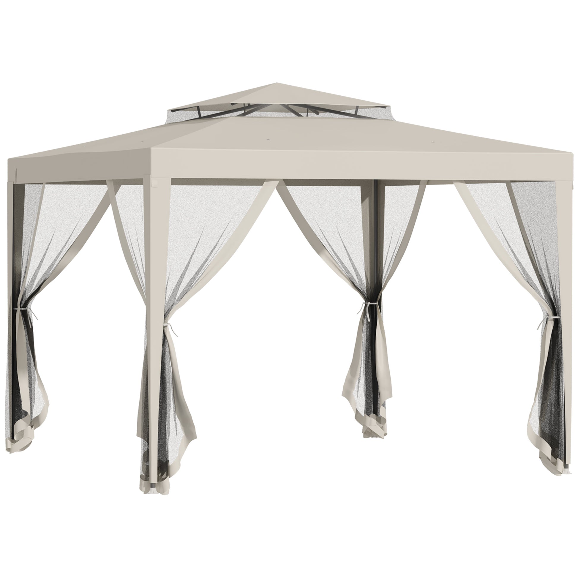 Garden Gazebo Canopy 3L x 3W m with 4 Removable Mosquito Nets - Double Roof - Beige