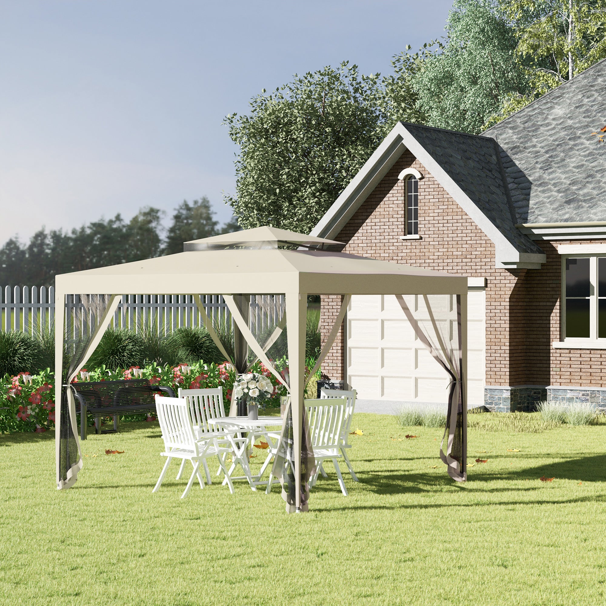 Garden Gazebo Canopy 3L x 3W m with 4 Removable Mosquito Nets - Double Roof - Beige