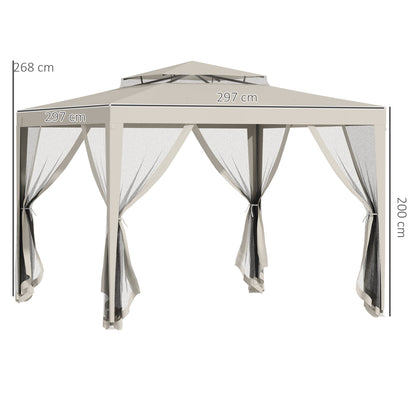 Garden Gazebo Canopy 3L x 3W m with 4 Removable Mosquito Nets - Double Roof - Beige