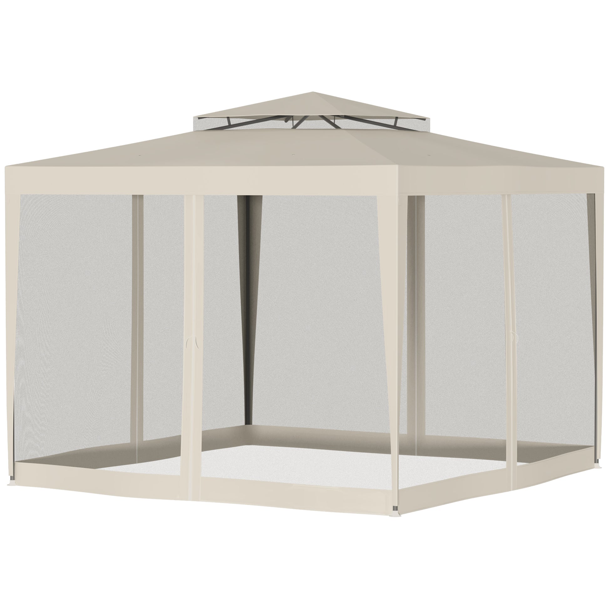 Garden Gazebo Canopy 3L x 3W m with 4 Removable Mosquito Nets - Double Roof - Beige