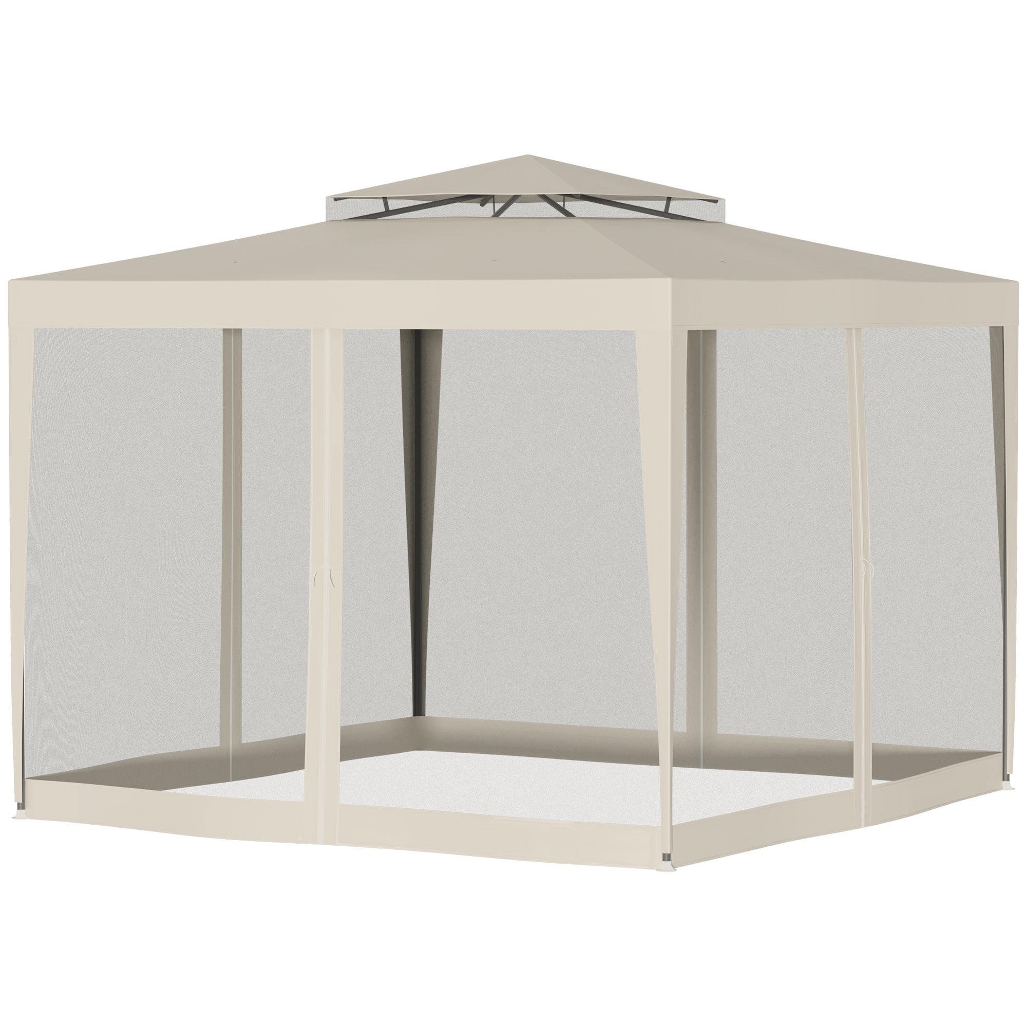 Garden Gazebo Canopy 3L x 3W m with 4 Removable Mosquito Nets - Double Roof - Beige