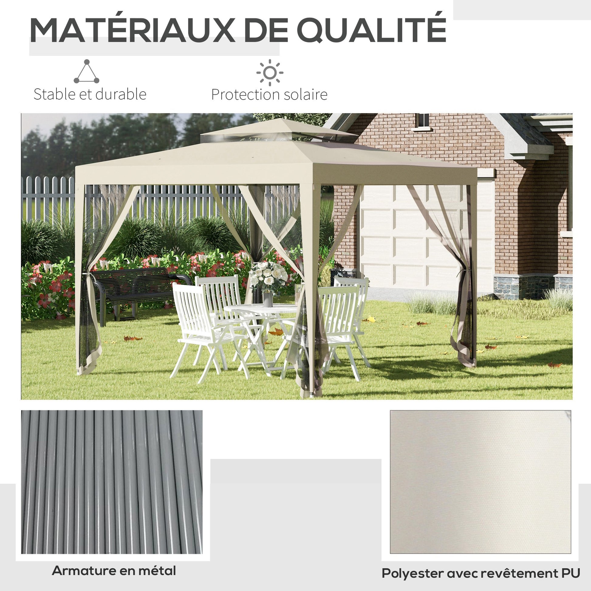 Garden Gazebo Canopy 3L x 3W m with 4 Removable Mosquito Nets - Double Roof - Beige