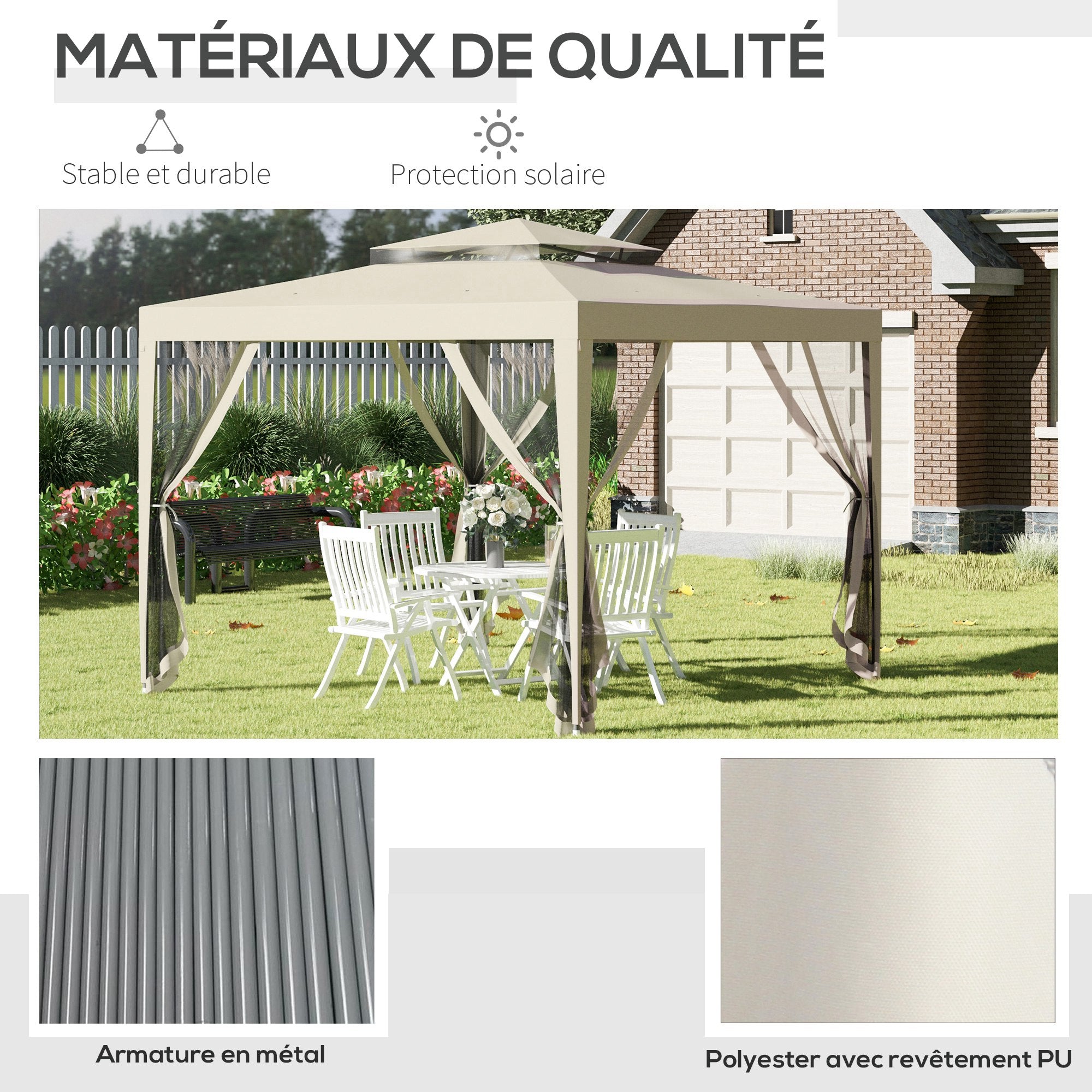 Garden Gazebo Canopy 3L x 3W m with 4 Removable Mosquito Nets - Double Roof - Beige