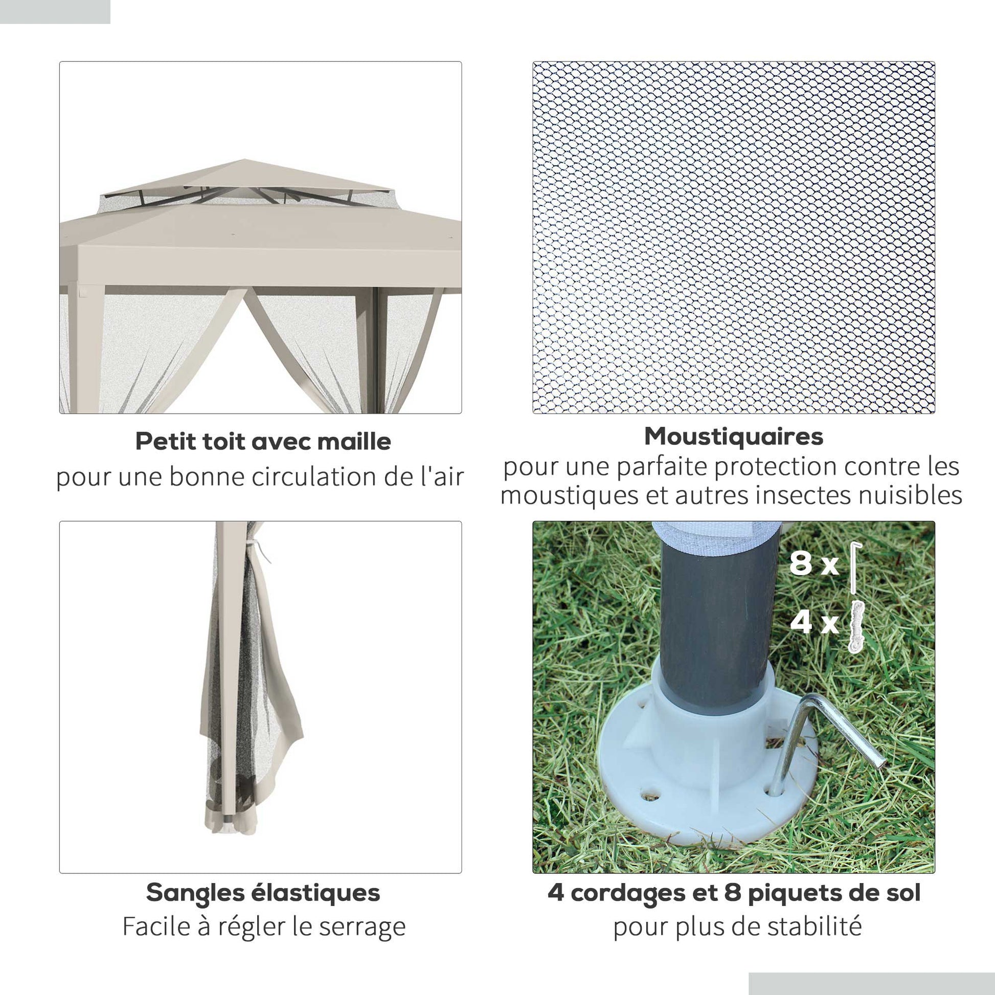 Garden Gazebo Canopy 3L x 3W m with 4 Removable Mosquito Nets - Double Roof - Beige