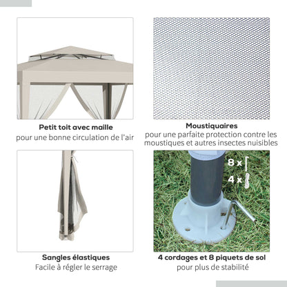 Garden Gazebo Canopy 3L x 3W m with 4 Removable Mosquito Nets - Double Roof - Beige