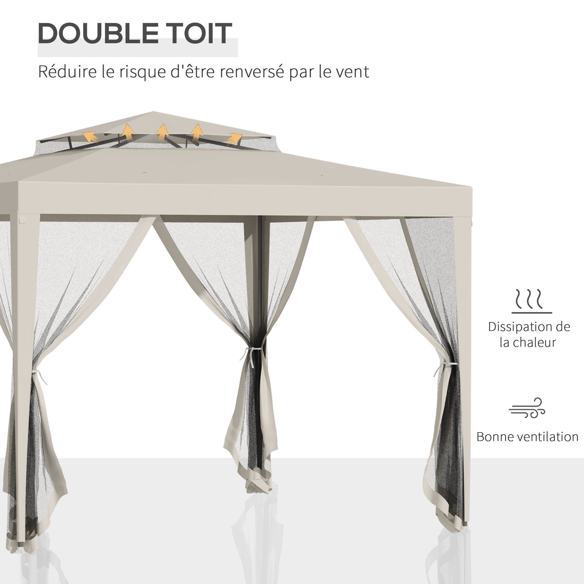 Garden Gazebo Canopy 3L x 3W m with 4 Removable Mosquito Nets - Double Roof - Beige