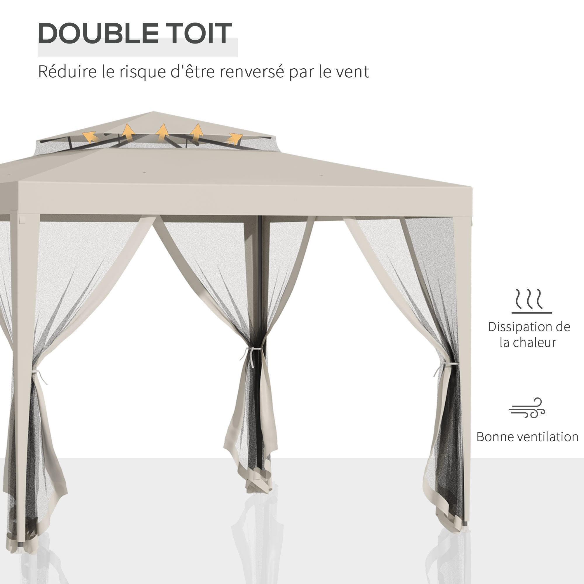Garden Gazebo Canopy 3L x 3W m with 4 Removable Mosquito Nets - Double Roof - Beige