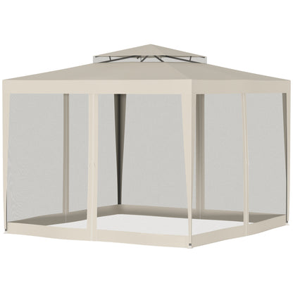 Garden Gazebo Canopy 3L x 3W m with 4 Removable Mosquito Nets - Double Roof - Beige