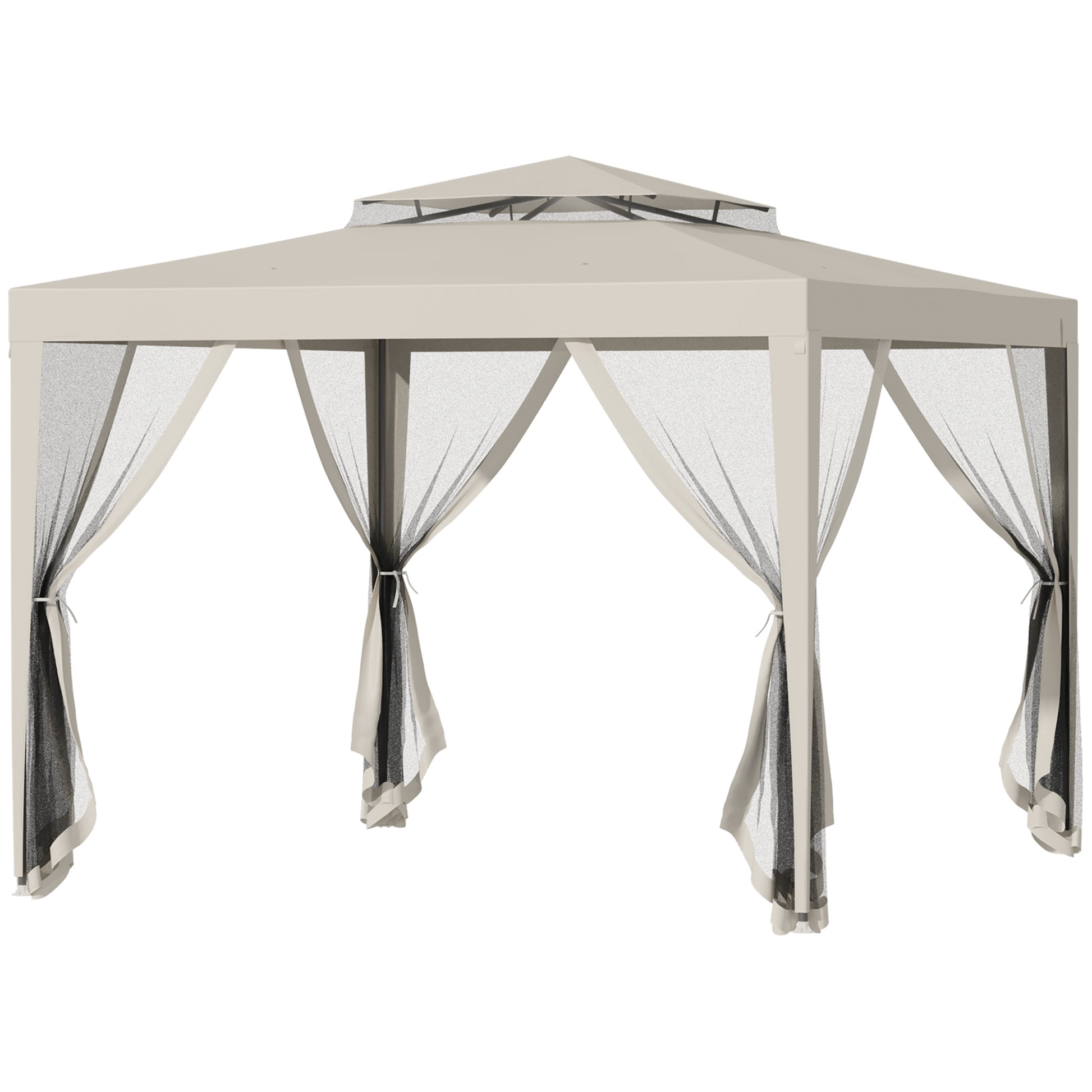 Garden Gazebo Canopy 3L x 3W m with 4 Removable Mosquito Nets - Double Roof - Beige